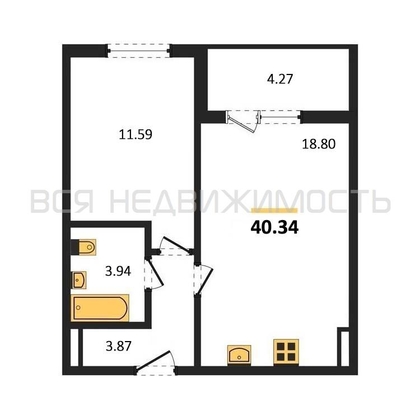 1-комнатная квартира, 40.34кв.м - изображение