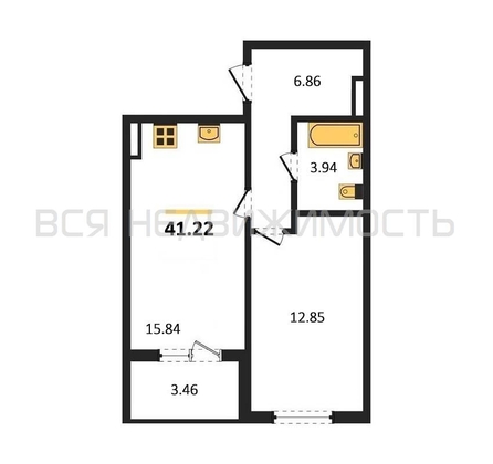 1-комнатная квартира, 41.22кв.м - изображение