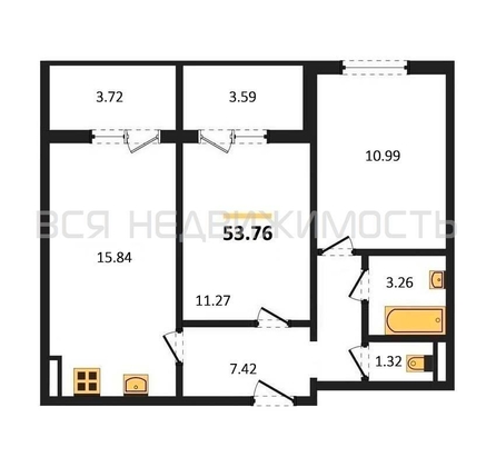 2-комнатная квартира, 53.76кв.м - изображение