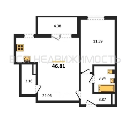 1-комнатная квартира, 46.81кв.м - изображение