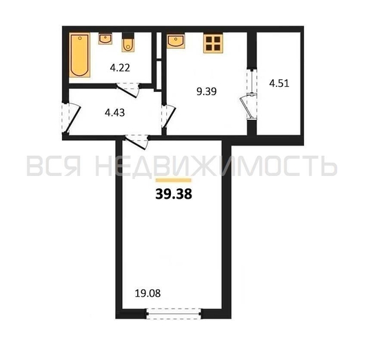 1-комнатная квартира, 39.38кв.м - изображение 0