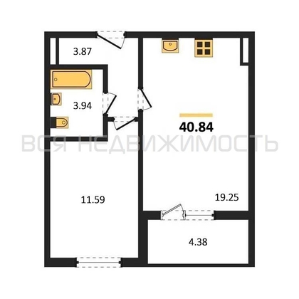 1-комнатная квартира, 40.84кв.м - изображение