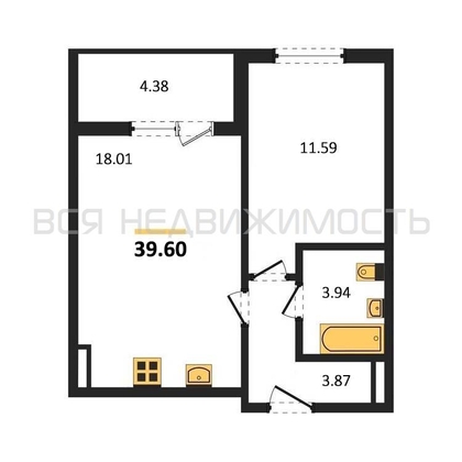 1-комнатная квартира, 39.6кв.м - изображение