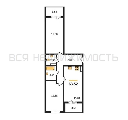 2-комнатная квартира, 63.52кв.м - изображение