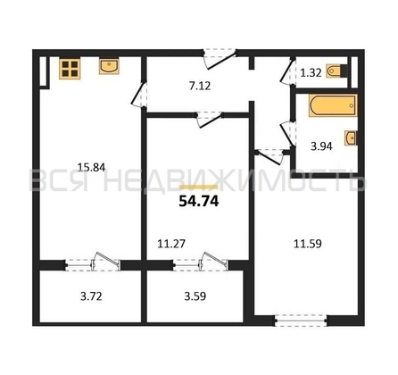 2-комнатная квартира, 54.74кв.м - изображение