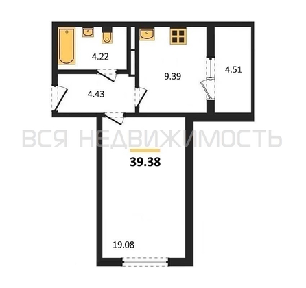 1-комнатная квартира, 39.38кв.м - изображение