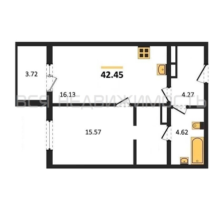 1-комнатная квартира, 42.45кв.м - изображение