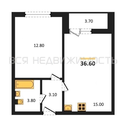 1-комнатная квартира, 36.6кв.м - изображение