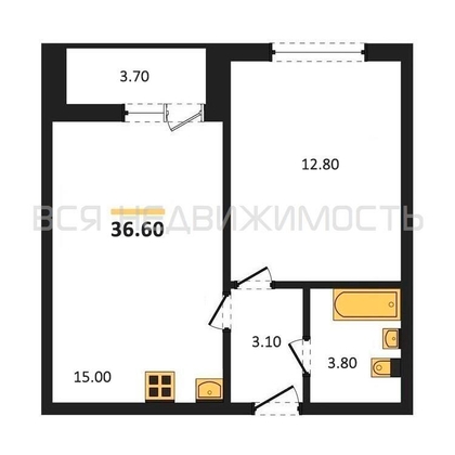 1-комнатная квартира, 36.6кв.м - изображение