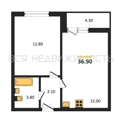 1-комнатная квартира, 36.9кв.м - изображение