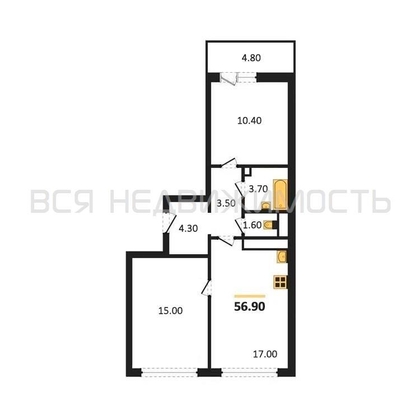 2-комнатная квартира, 56.9кв.м - изображение