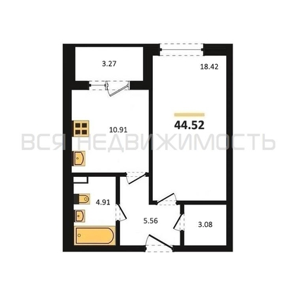 1-комнатная квартира, 44.52кв.м - изображение
