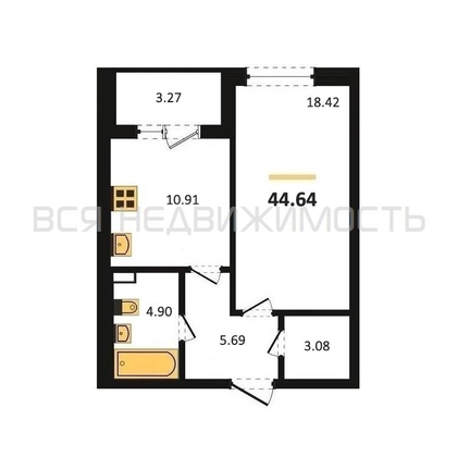 1-комнатная квартира, 44.64кв.м - изображение