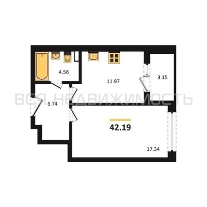 1-комнатная квартира, 42.19кв.м - изображение
