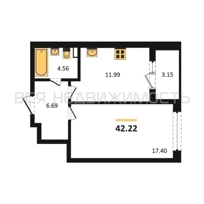 1-комнатная квартира, 42.22кв.м - изображение