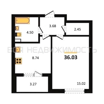 1-комнатная квартира, 36.03кв.м - изображение
