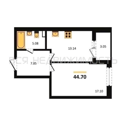 1-комнатная квартира, 44.7кв.м 1-комнатная квартира, 44.7кв.м - изображение 1