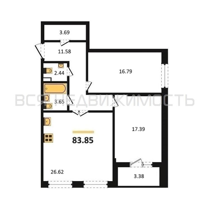 2-комнатная квартира, 83.85кв.м - изображение