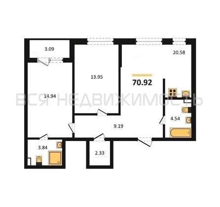 2-комнатная квартира, 70.92кв.м - изображение