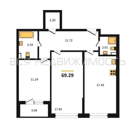 2-комнатная квартира, 69.29кв.м - изображение