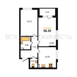 2-комнатная квартира, 58.35кв.м 2-комнатная квартира, 58.35кв.м - изображение 1