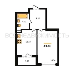 1-комнатная квартира, 43.08кв.м 1-комнатная квартира, 43.08кв.м - изображение 1