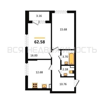 2-комнатная квартира, 62.58кв.м - изображение
