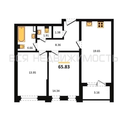 2-комнатная квартира, 65.83кв.м - изображение
