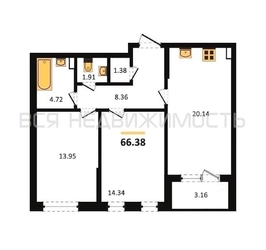 2-комнатная квартира, 66.38кв.м 2-комнатная квартира, 66.38кв.м - изображение 1