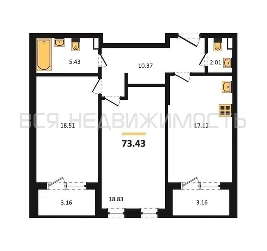 2-комнатная квартира, 73.43кв.м - изображение 0