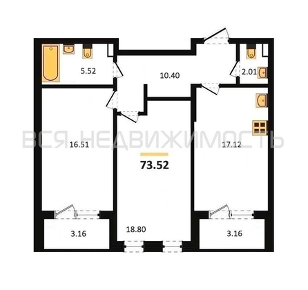 2-комнатная квартира, 73.52кв.м - изображение