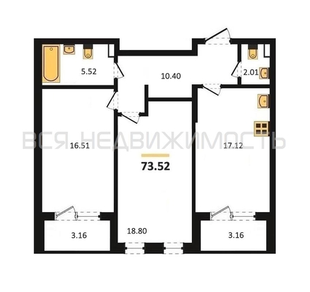 2-комнатная квартира, 73.52кв.м - изображение