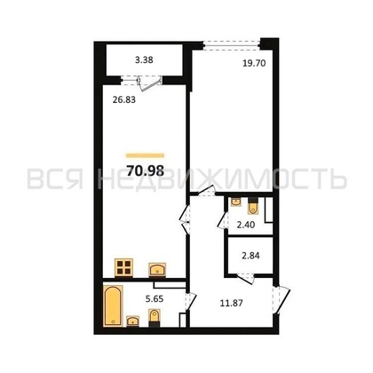 1-комнатная квартира, 70.98кв.м - изображение