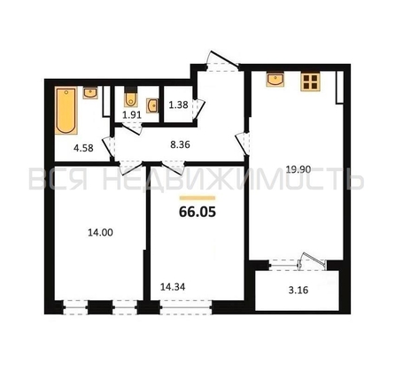 2-комнатная квартира, 66.05кв.м - изображение