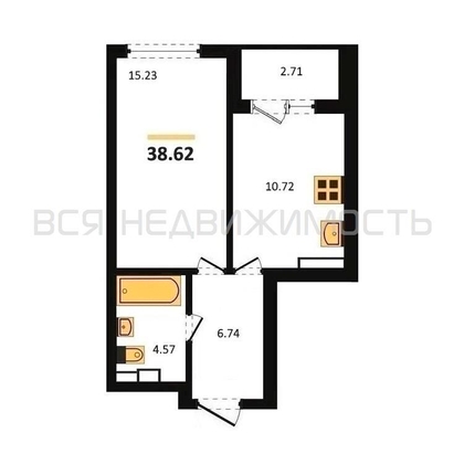 1-комнатная квартира, 38.62кв.м - изображение
