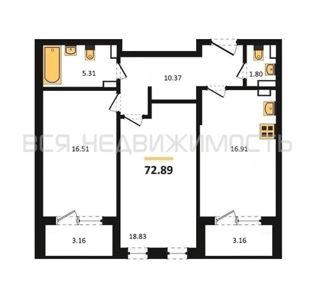 2-комнатная квартира, 72.89кв.м - изображение