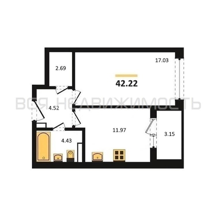 1-комнатная квартира, 42.22кв.м - изображение