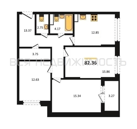 3-комнатная квартира, 82.36кв.м - изображение