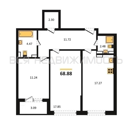 2-комнатная квартира, 68.88кв.м - изображение