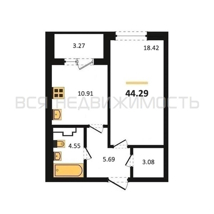1-комнатная квартира, 44.29кв.м - изображение