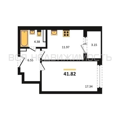 1-комнатная квартира, 41.82кв.м - изображение