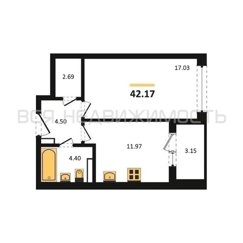 1-комнатная квартира, 42.17кв.м - изображение 0