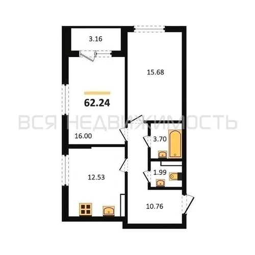 2-комнатная квартира, 62.24кв.м - изображение 0