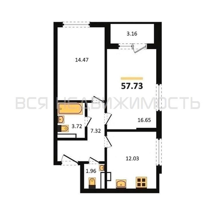 2-комнатная квартира, 57.73кв.м - изображение