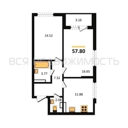2-комнатная квартира, 57.8кв.м 2-комнатная квартира, 57.8кв.м - изображение 1