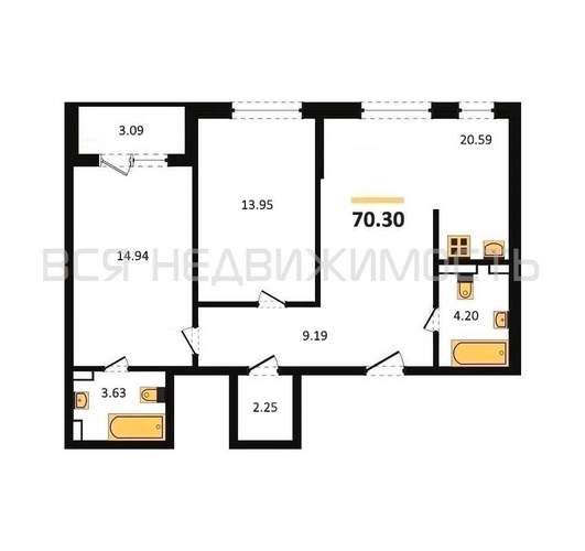 2-комнатная квартира, 70.3кв.м - изображение 0