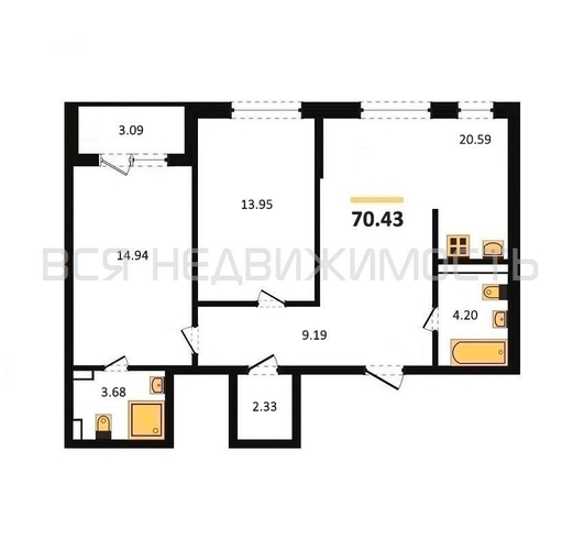 2-комнатная квартира, 70.43кв.м - изображение 0