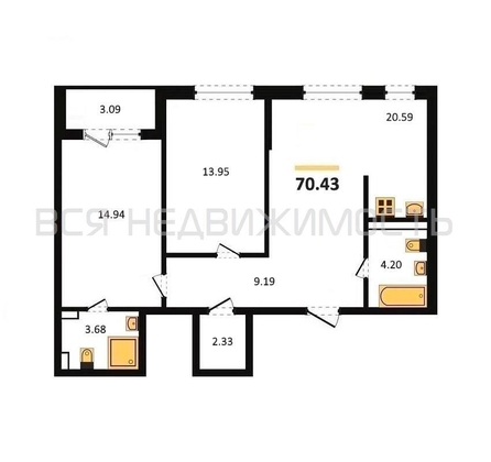 2-комнатная квартира, 70.43кв.м - изображение