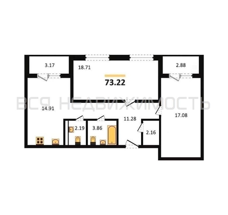 2-комнатная квартира, 73.22кв.м - изображение
