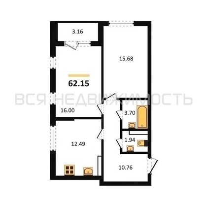 2-комнатная квартира, 62.15кв.м - изображение